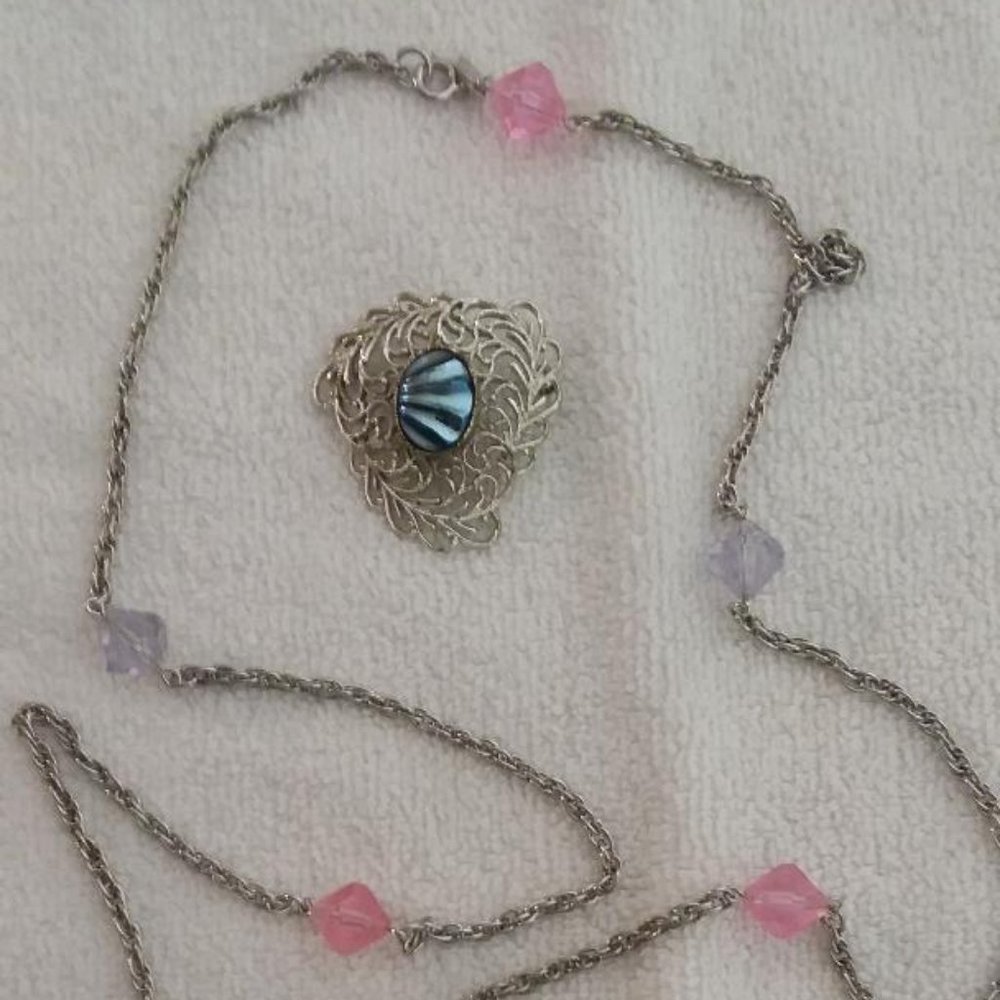 Vintage Necklace and Brooch, Pink and Blue